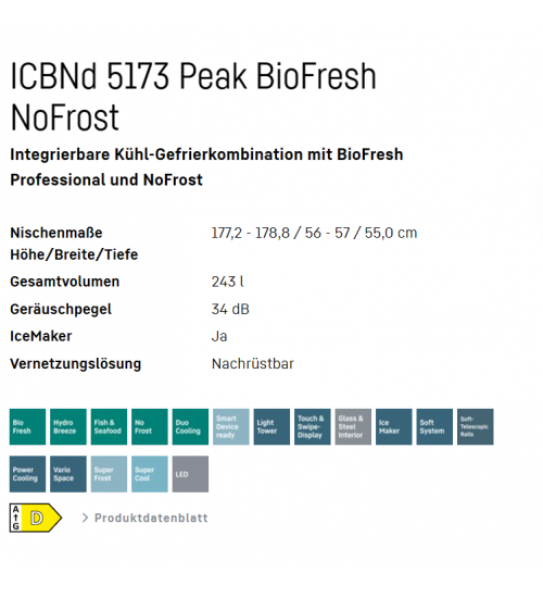 LIEBHERR利勃海尔ICBNd 5173 Peak 嵌入式冰箱 无霜 生物养鲜